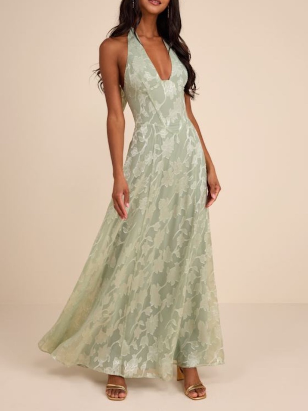 Lulus Maira Sage Floral Burnout Halter Maxi Dress Green - Size XL